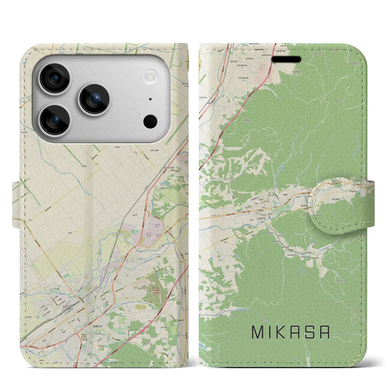 【三笠(北海道)】地図柄iPhoneケース(手帳タイプ)ナチュラル・iPhone 17 Pro Max 用