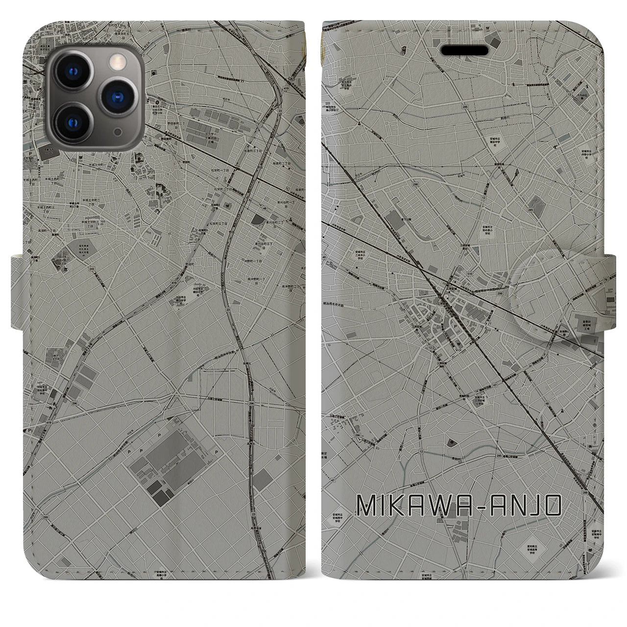 【三河安城(愛知県)】地図柄iPhoneケース(手帳タイプ)モノトーン・iPhone 11 Pro Max 用