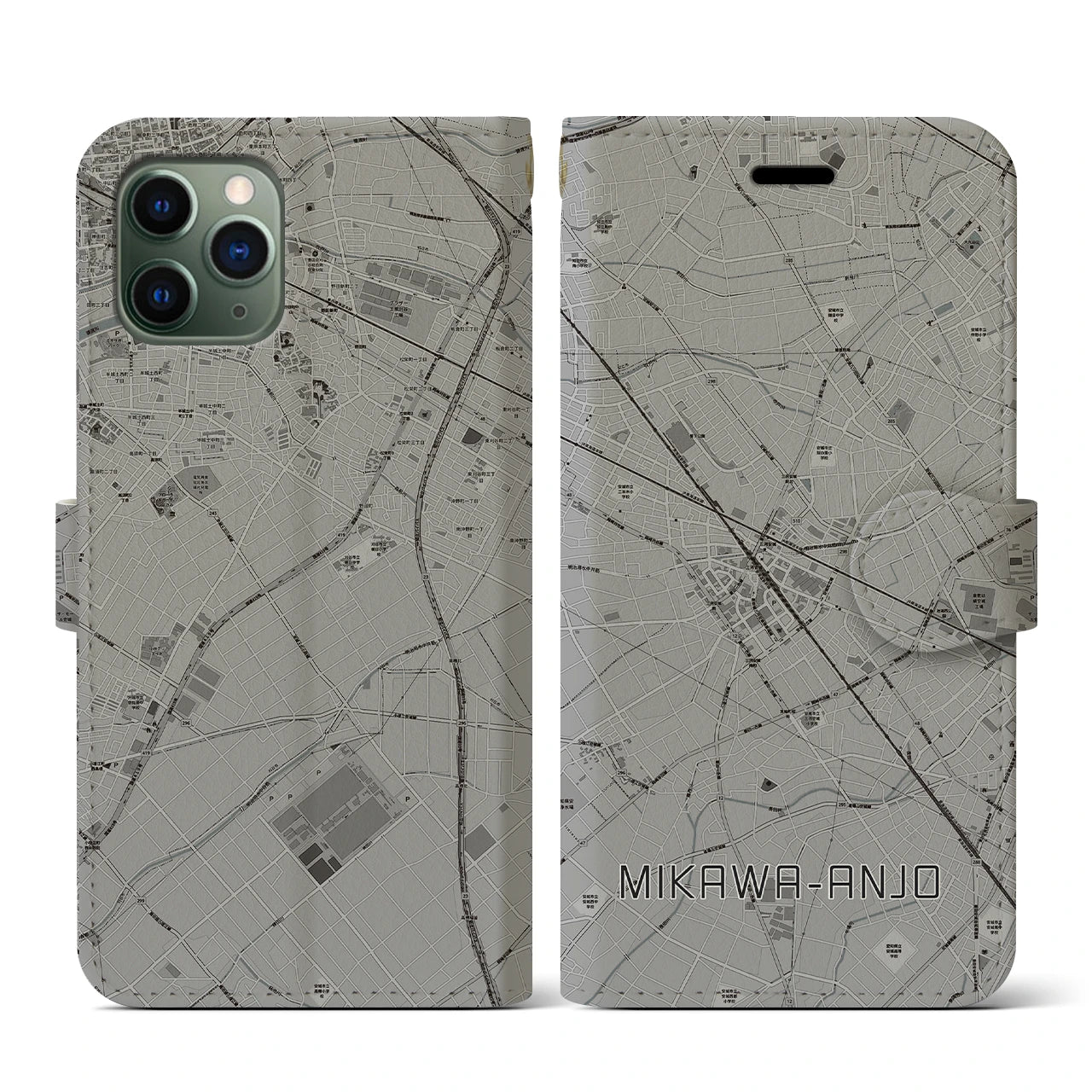 【三河安城(愛知県)】地図柄iPhoneケース(手帳タイプ)モノトーン・iPhone 11 Pro 用