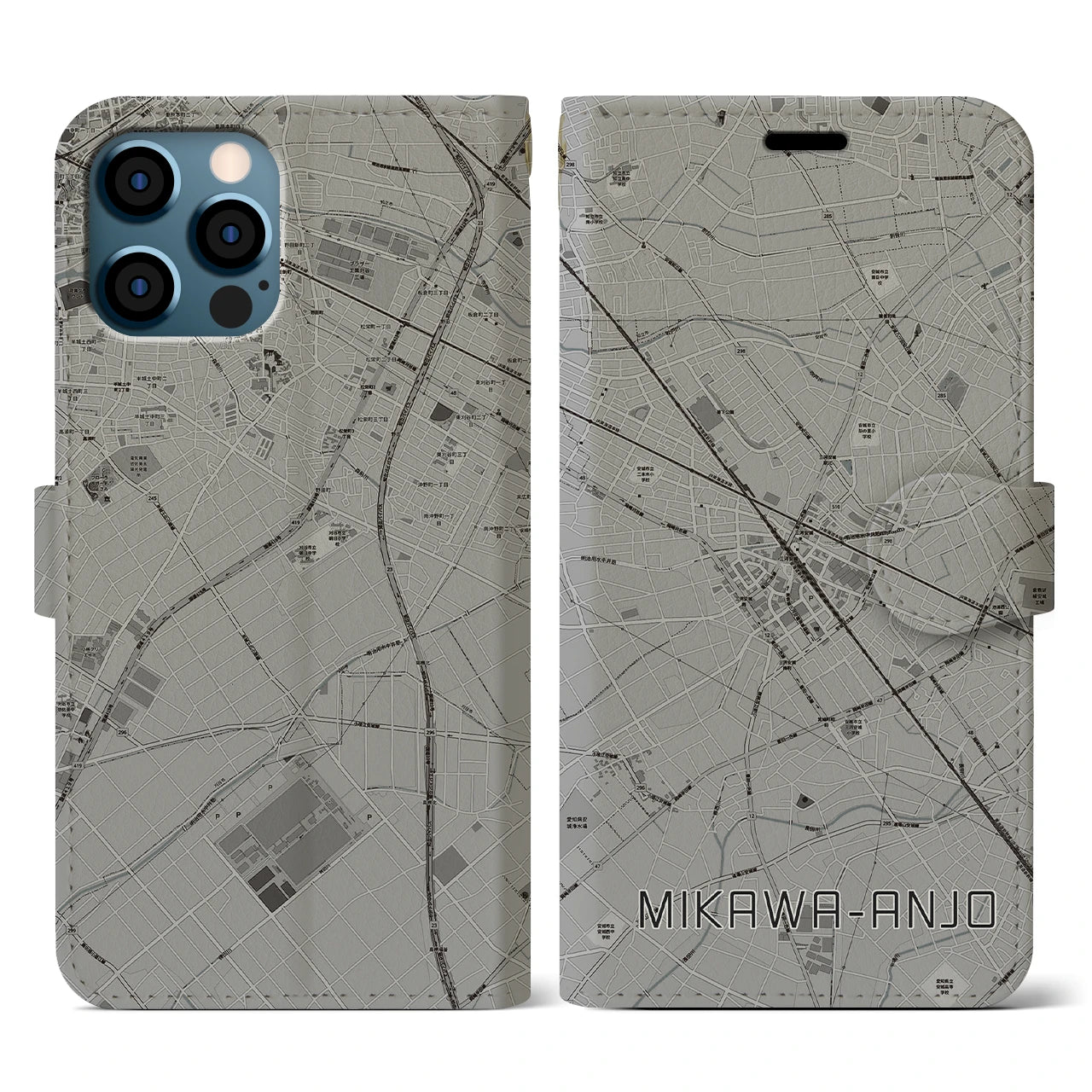 【三河安城(愛知県)】地図柄iPhoneケース(手帳タイプ)モノトーン・iPhone 12 / 12 Pro 用