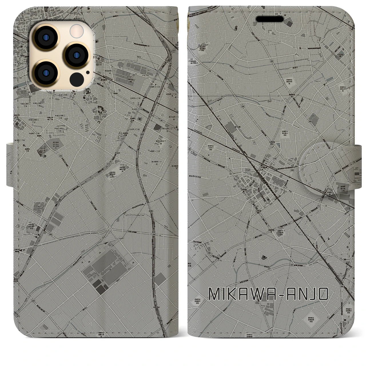 【三河安城(愛知県)】地図柄iPhoneケース(手帳タイプ)モノトーン・iPhone 12 Pro Max 用