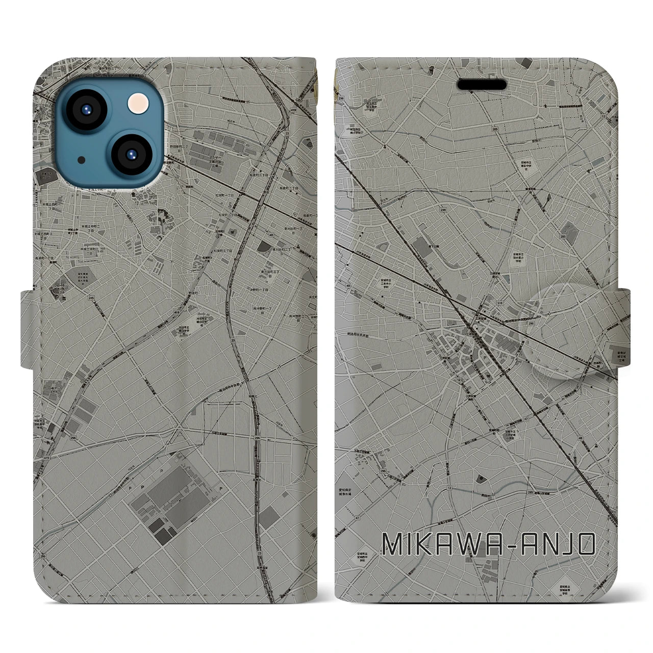 【三河安城(愛知県)】地図柄iPhoneケース(手帳タイプ)モノトーン・iPhone 13 用