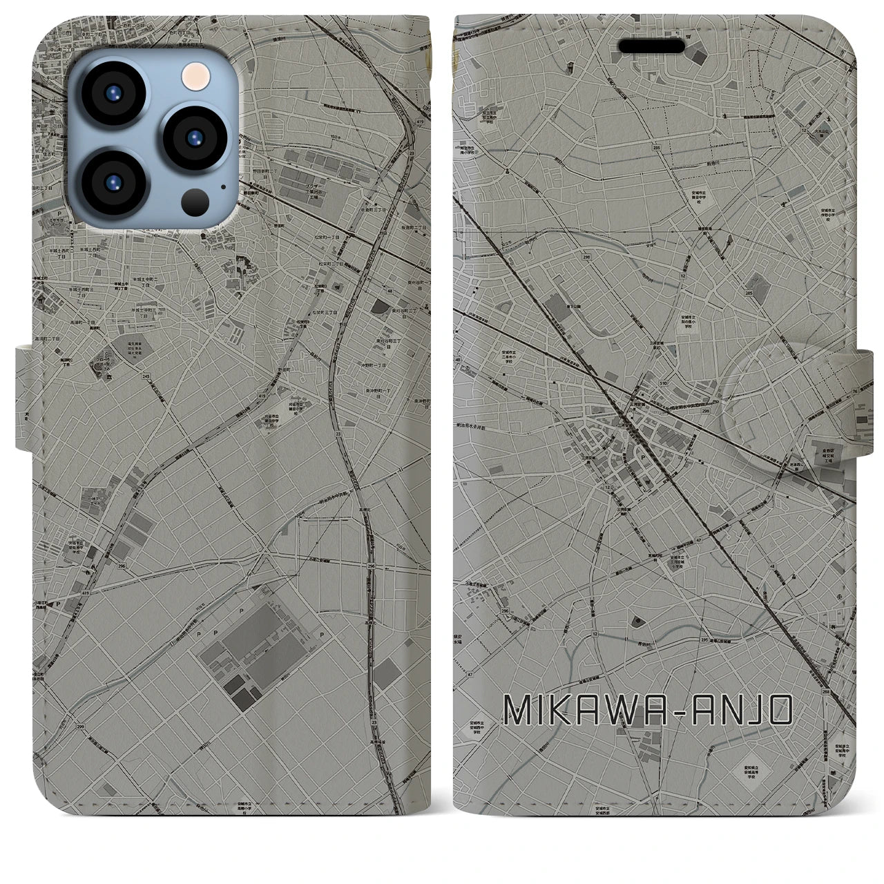 【三河安城(愛知県)】地図柄iPhoneケース(手帳タイプ)モノトーン・iPhone 13 Pro Max 用