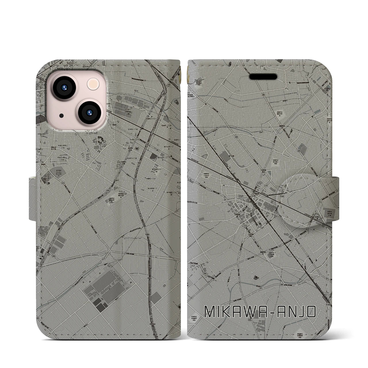 【三河安城(愛知県)】地図柄iPhoneケース(手帳タイプ)モノトーン・iPhone 13 mini 用