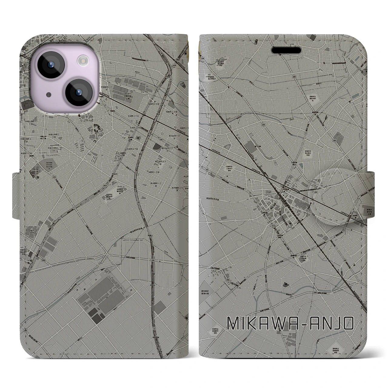 【三河安城(愛知県)】地図柄iPhoneケース(手帳タイプ)モノトーン・iPhone 14 用