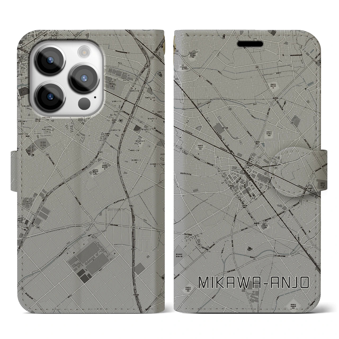 【三河安城(愛知県)】地図柄iPhoneケース(手帳タイプ)モノトーン・iPhone 14 Pro 用