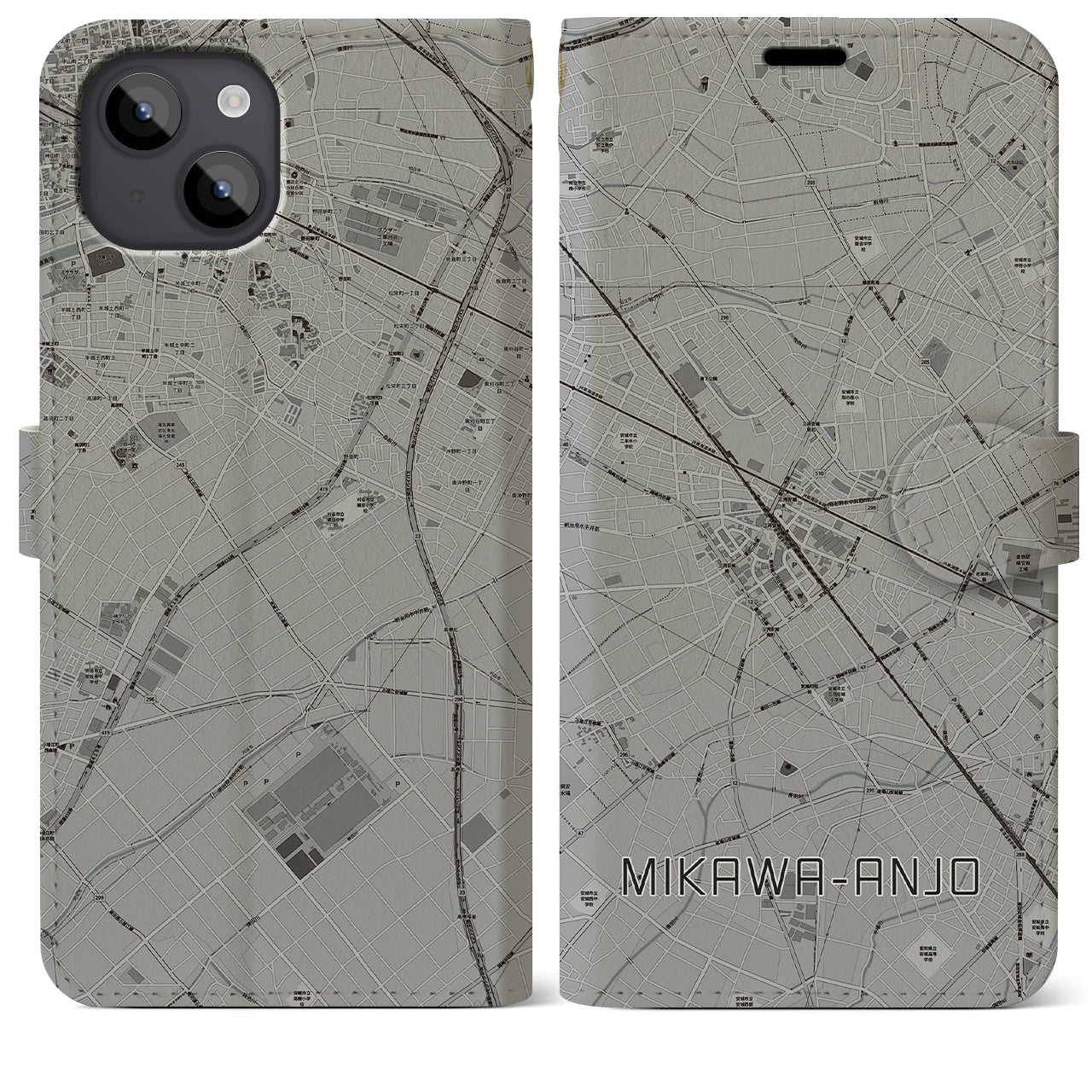 【三河安城(愛知県)】地図柄iPhoneケース(手帳タイプ)モノトーン・iPhone 14 Plus 用