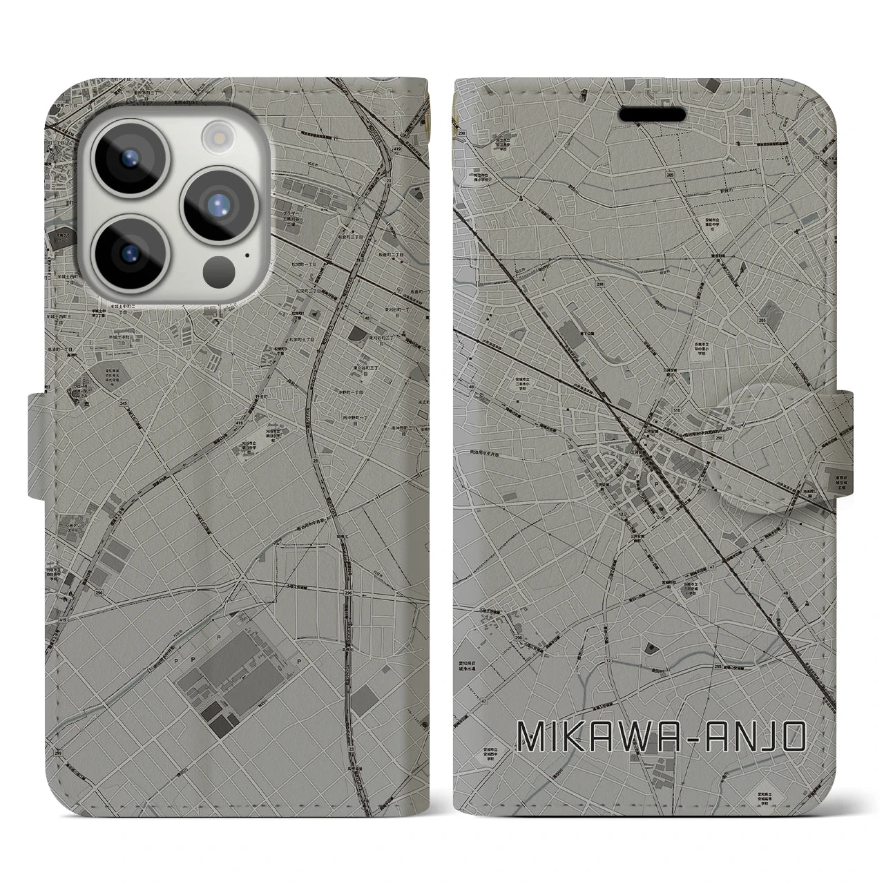 【三河安城(愛知県)】地図柄iPhoneケース(手帳タイプ)モノトーン・iPhone 15 Pro 用