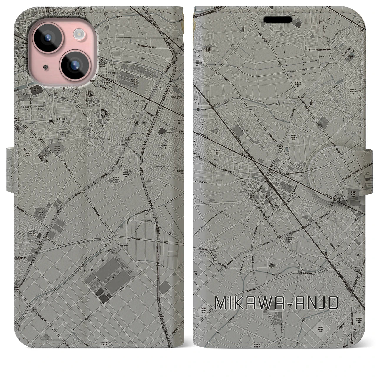 【三河安城(愛知県)】地図柄iPhoneケース(手帳タイプ)モノトーン・iPhone 15 Plus 用