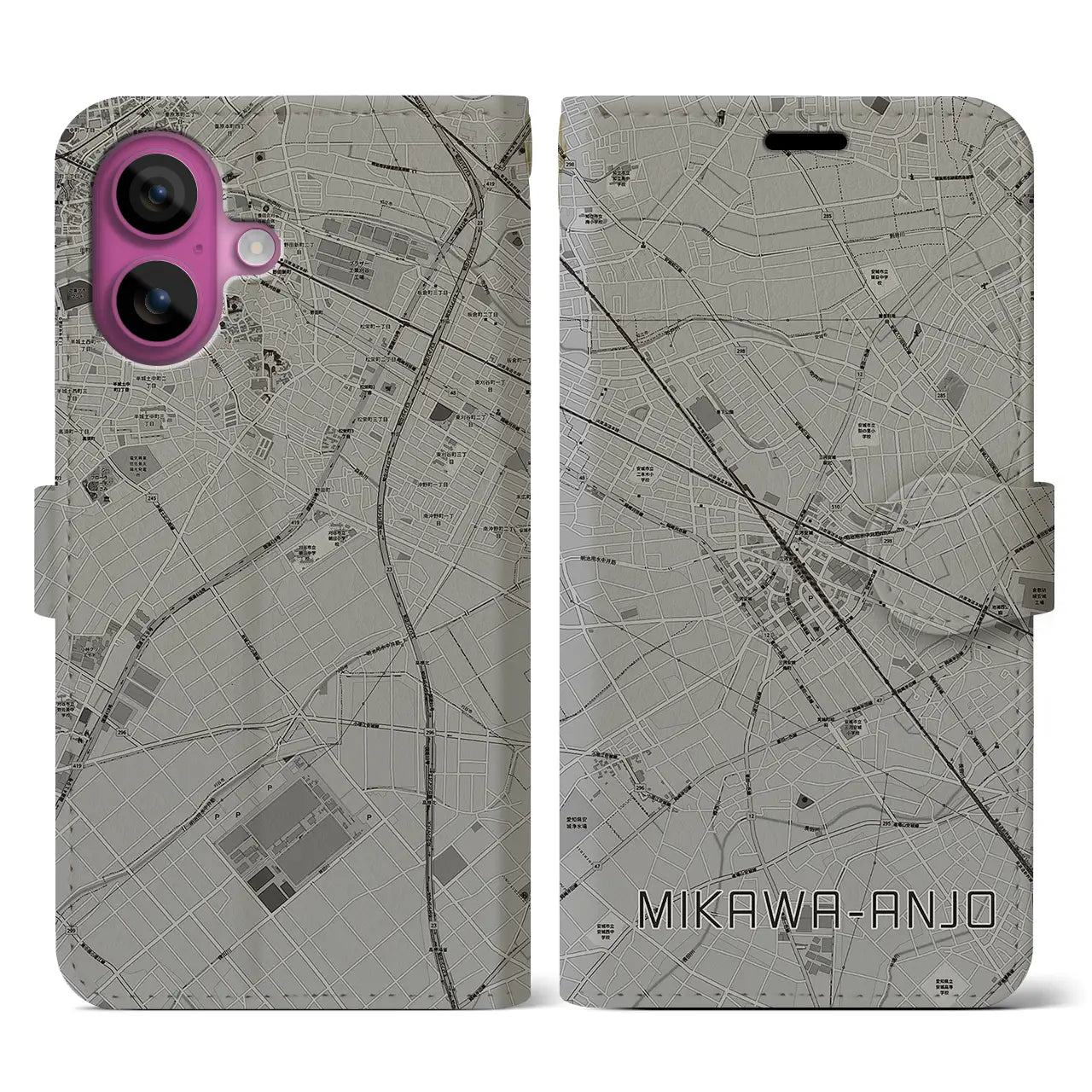 【三河安城(愛知県)】地図柄iPhoneケース(手帳タイプ)モノトーン・iPhone 16 Pro 用