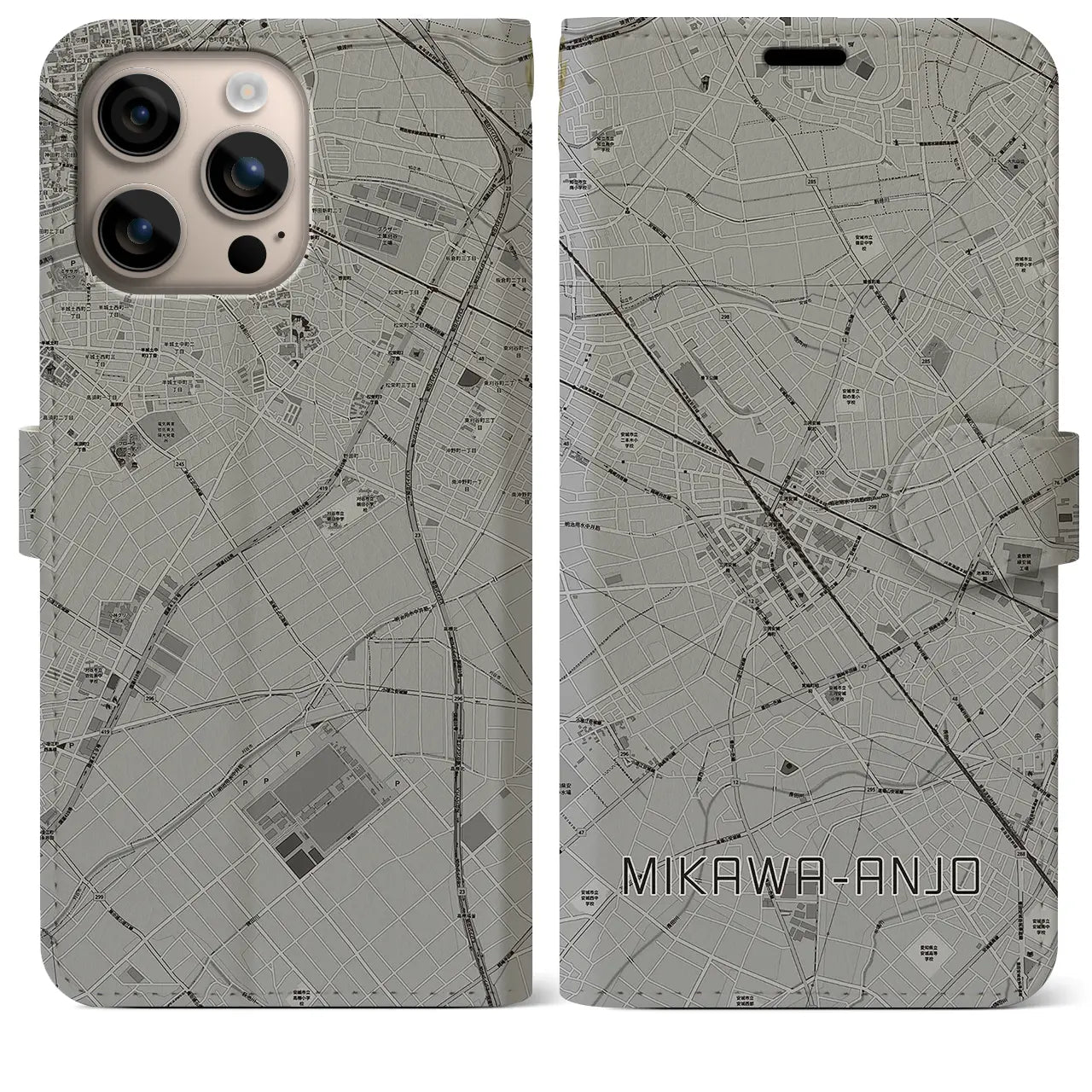 【三河安城(愛知県)】地図柄iPhoneケース(手帳タイプ)モノトーン・iPhone 16 Plus 用