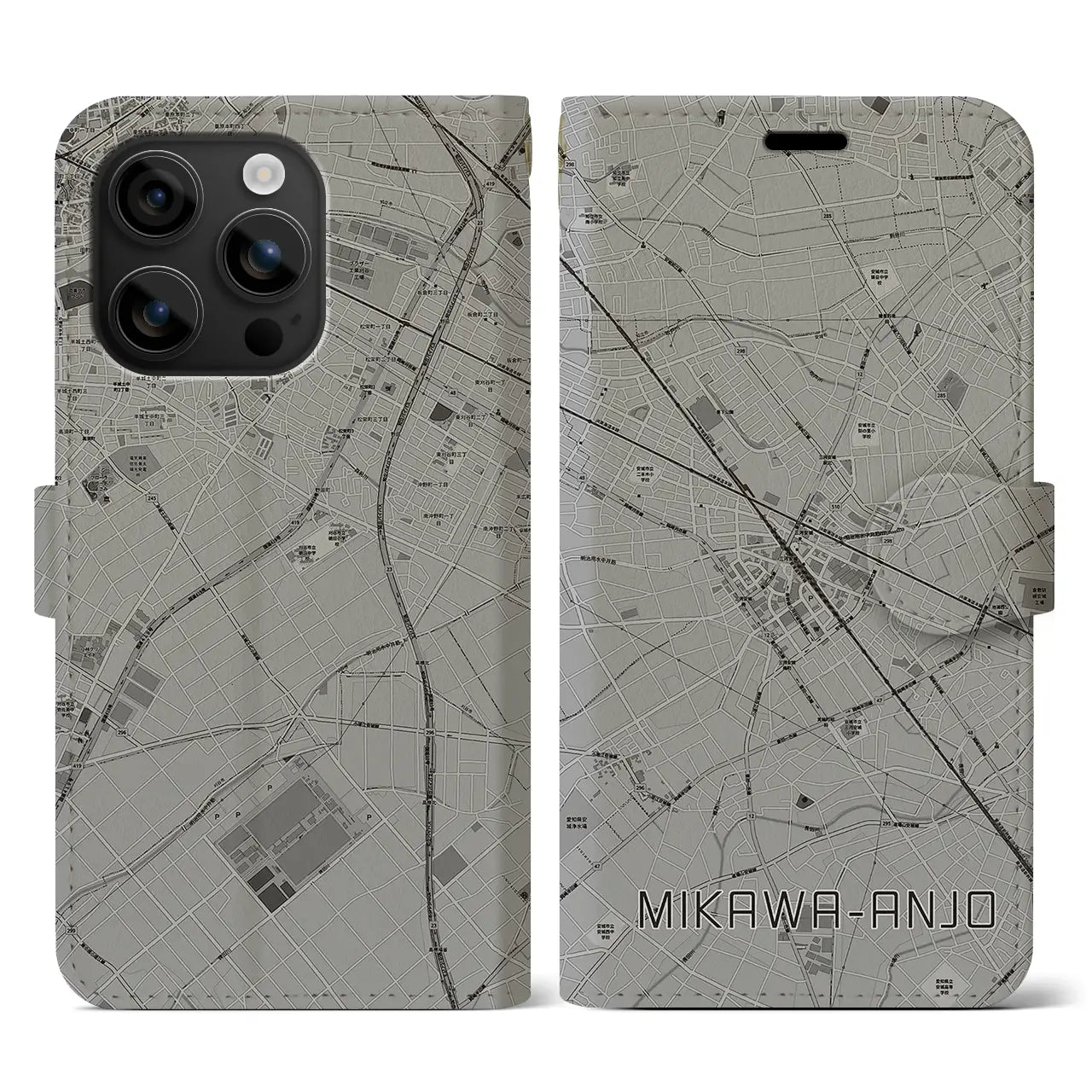 【三河安城(愛知県)】地図柄iPhoneケース(手帳タイプ)モノトーン・iPhone 16 用