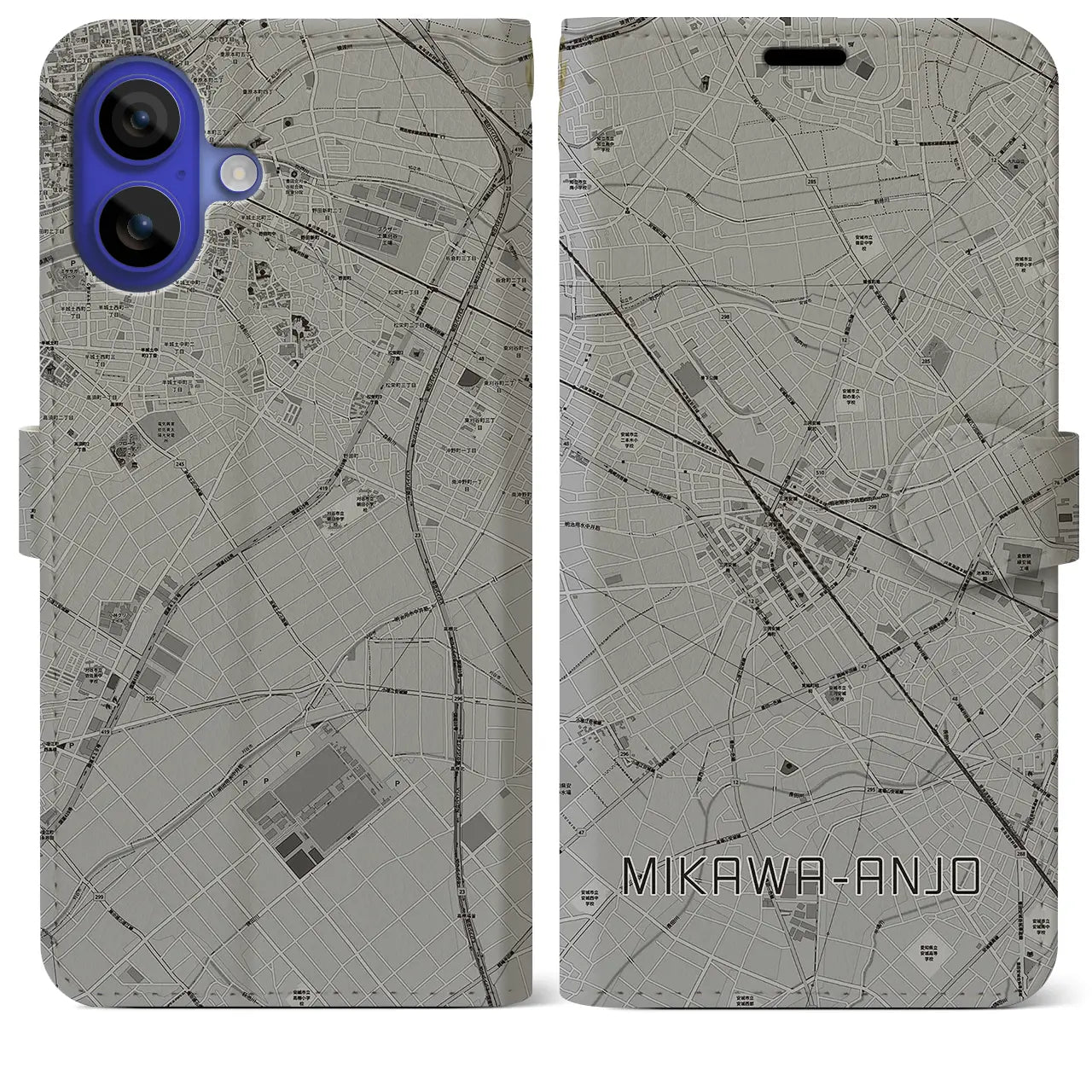 【三河安城(愛知県)】地図柄iPhoneケース(手帳タイプ)モノトーン・iPhone 16 Pro Max 用