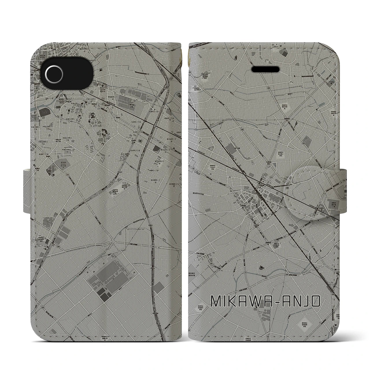 【三河安城(愛知県)】地図柄iPhoneケース(手帳タイプ)モノトーン・iPhone SE(第3 / 第2世代) / 8 / 7 / 6s / 6 用