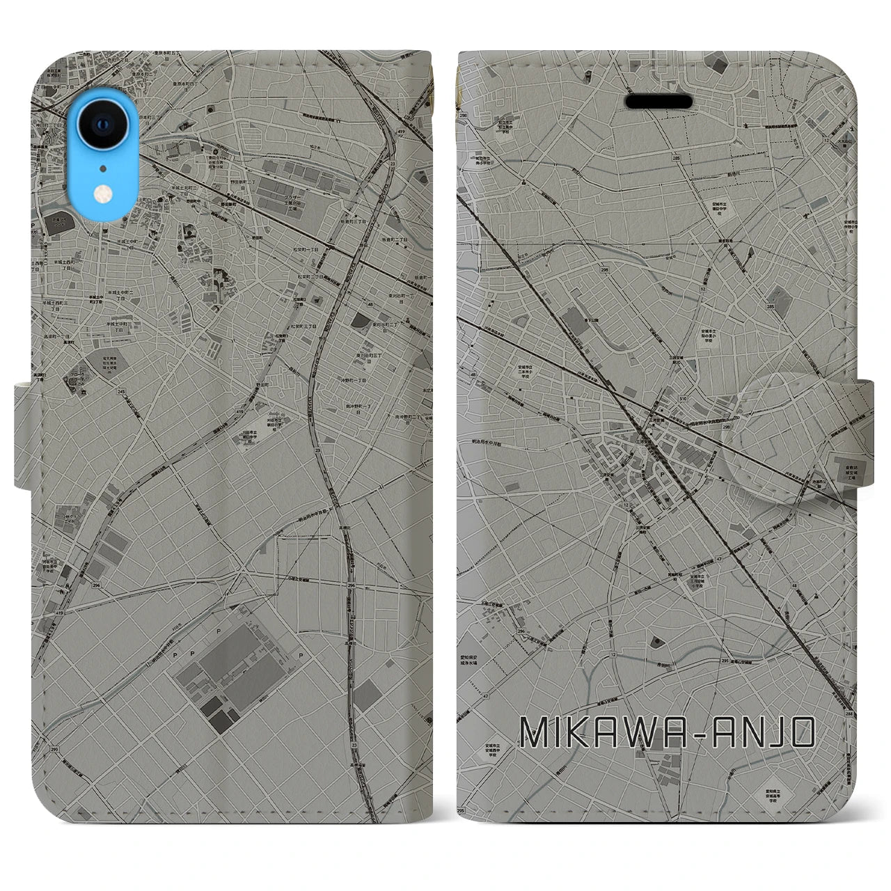 【三河安城(愛知県)】地図柄iPhoneケース(手帳タイプ)モノトーン・iPhone XR 用