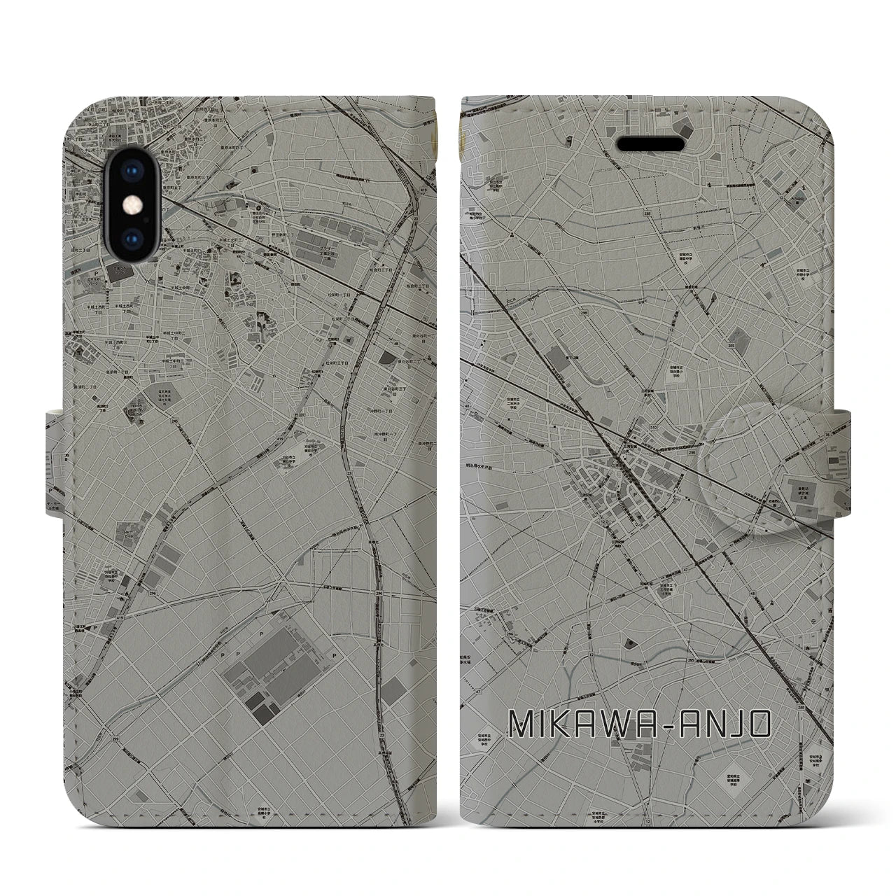 【三河安城(愛知県)】地図柄iPhoneケース(手帳タイプ)モノトーン・iPhone XS / X 用