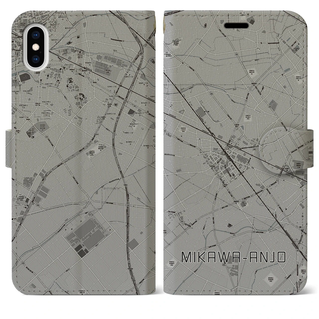 【三河安城(愛知県)】地図柄iPhoneケース(手帳タイプ)モノトーン・iPhone XS Max 用