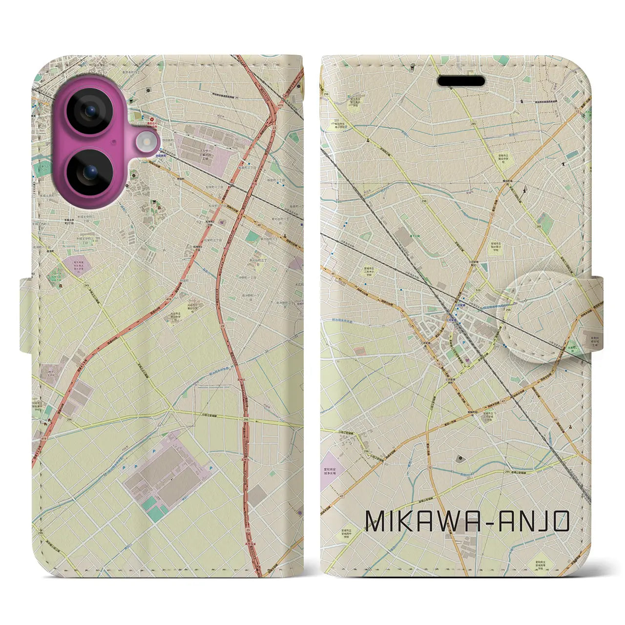 【三河安城(愛知県)】地図柄iPhoneケース(手帳タイプ)ナチュラル・iPhone 16 Pro 用