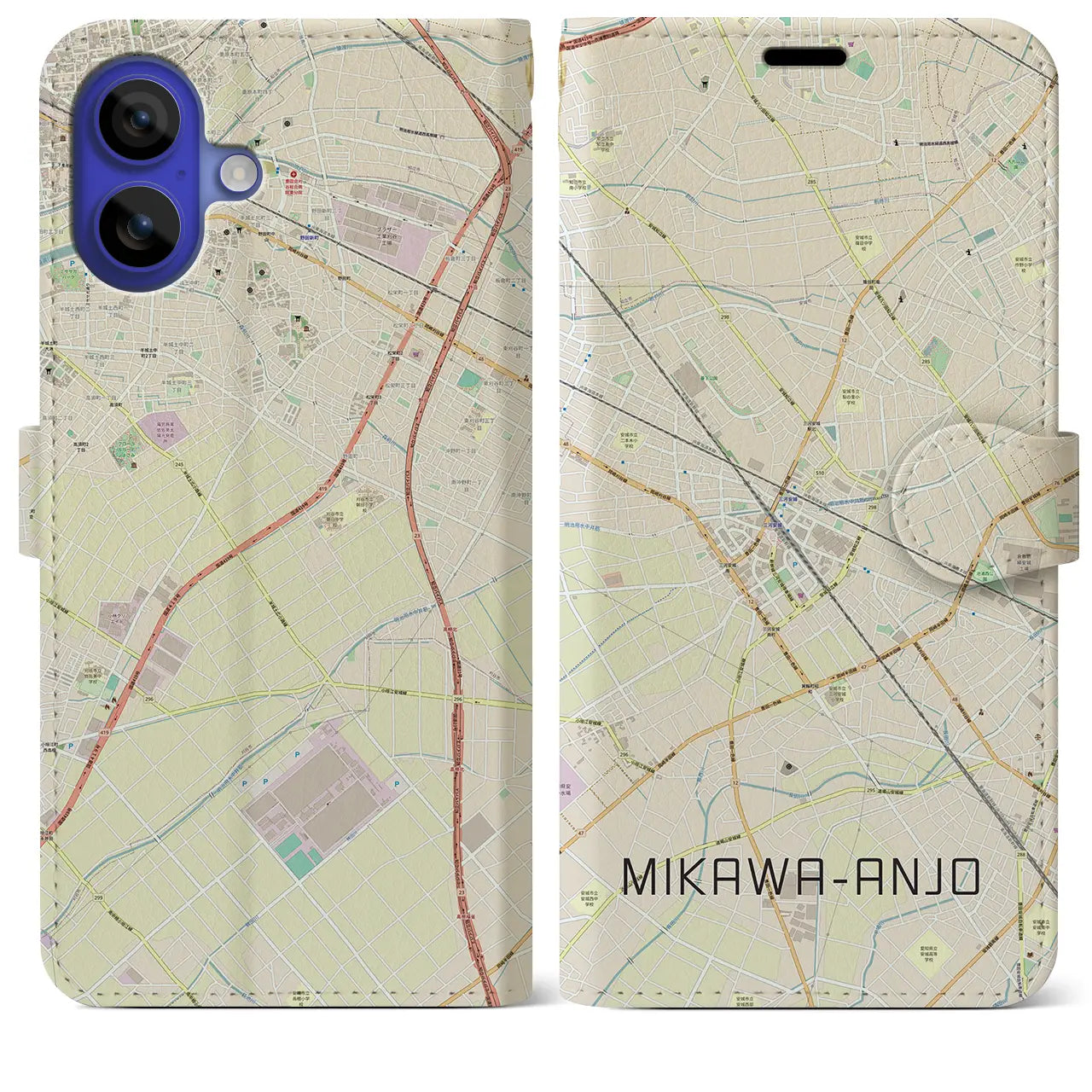 【三河安城(愛知県)】地図柄iPhoneケース(手帳タイプ)ナチュラル・iPhone 16 Pro Max 用