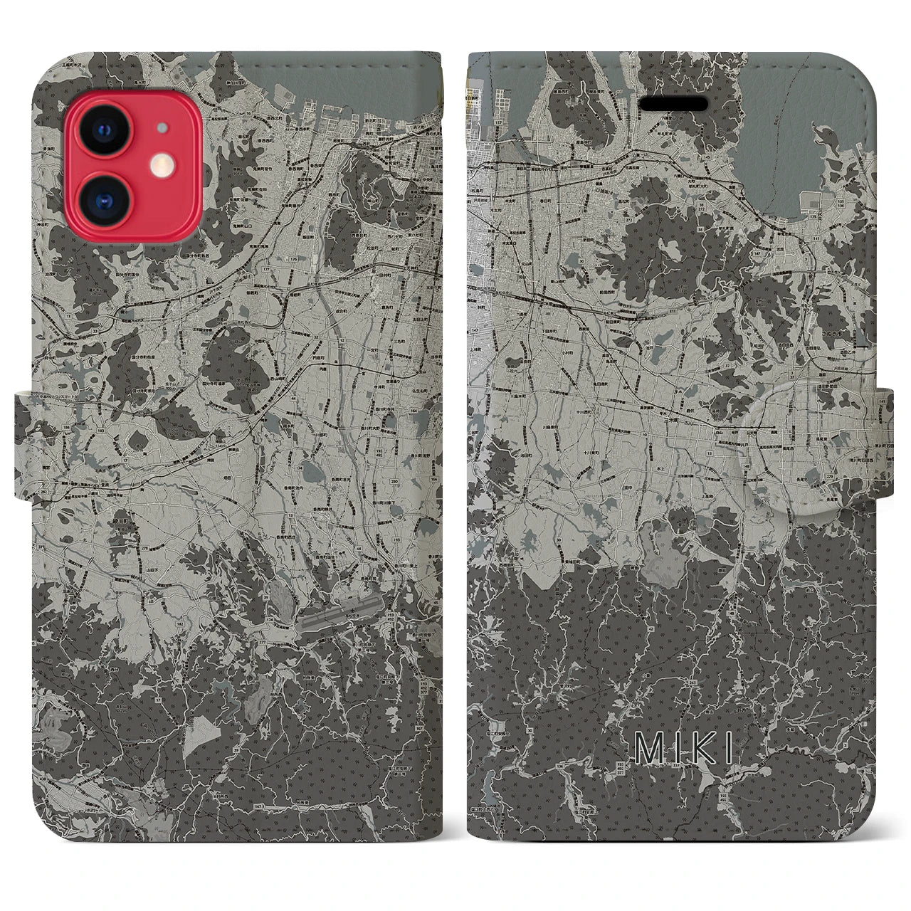 【三木(香川県)】地図柄iPhoneケース(手帳タイプ)モノトーン・iPhone 11 用