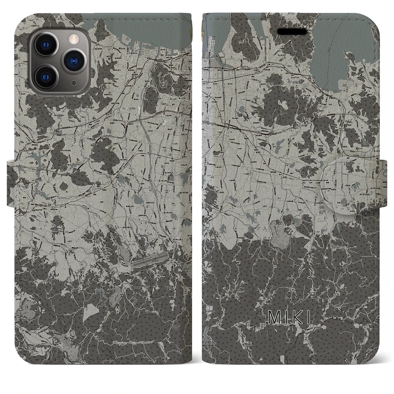 【三木(香川県)】地図柄iPhoneケース(手帳タイプ)モノトーン・iPhone 11 Pro Max 用