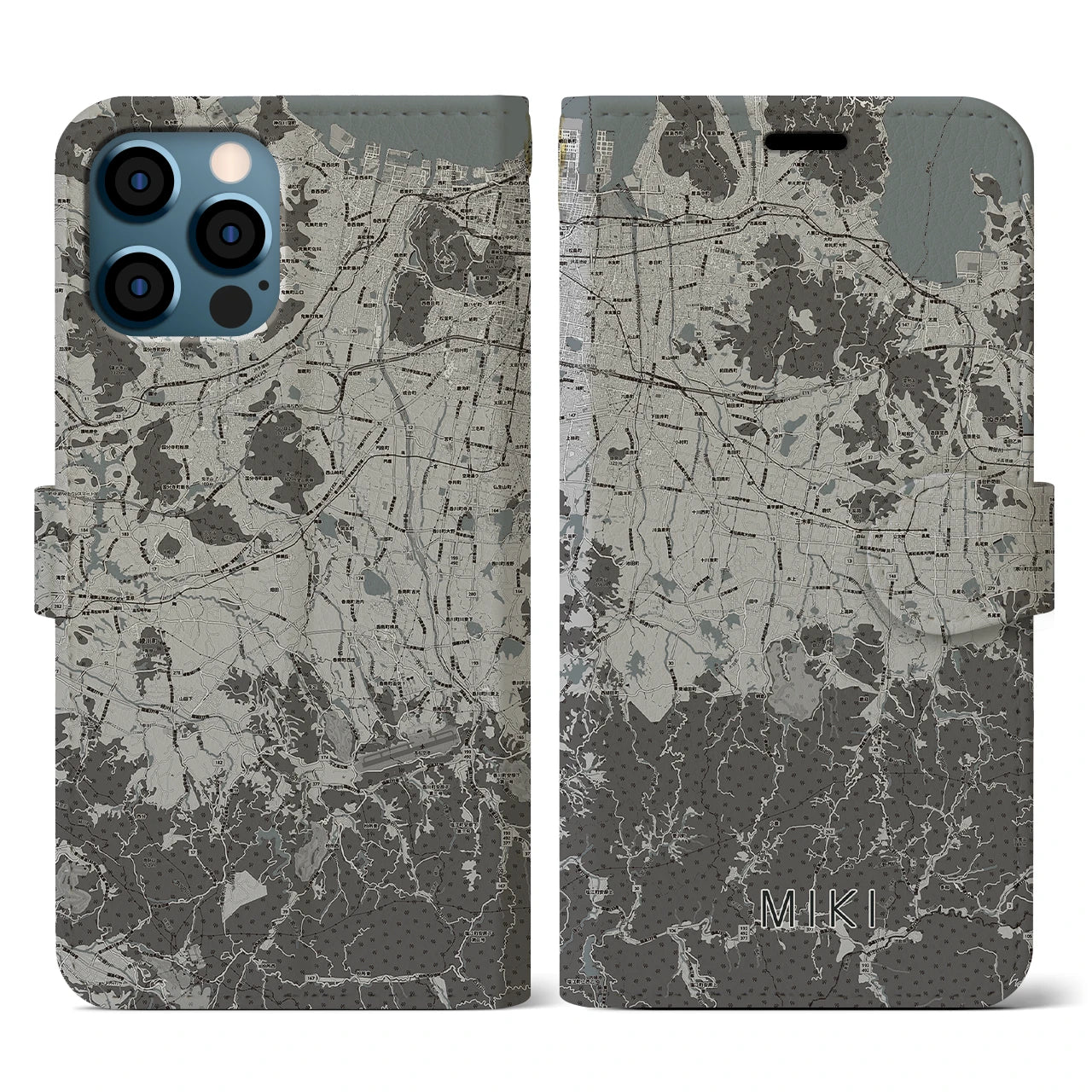【三木(香川県)】地図柄iPhoneケース(手帳タイプ)モノトーン・iPhone 12 / 12 Pro 用