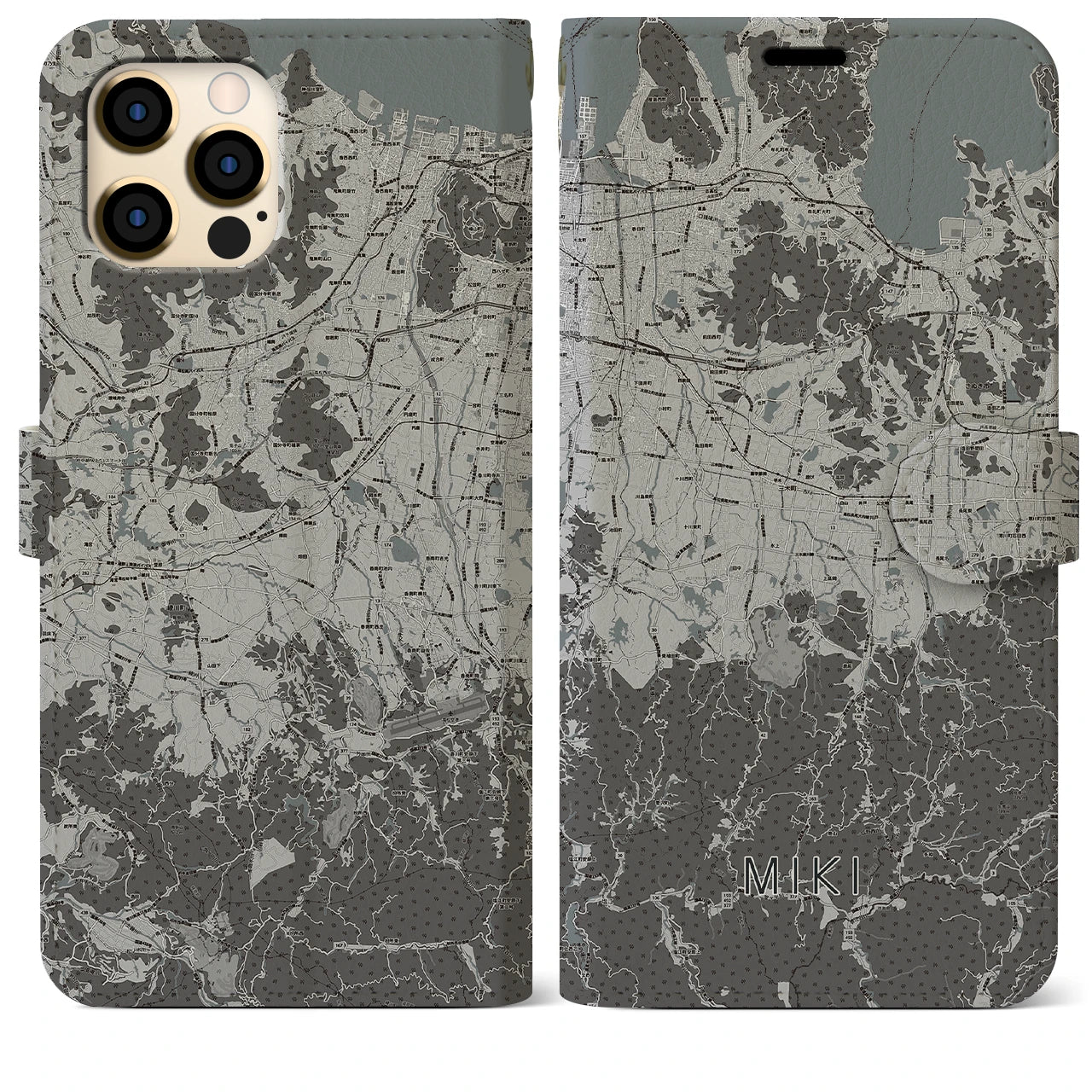 【三木(香川県)】地図柄iPhoneケース(手帳タイプ)モノトーン・iPhone 12 Pro Max 用