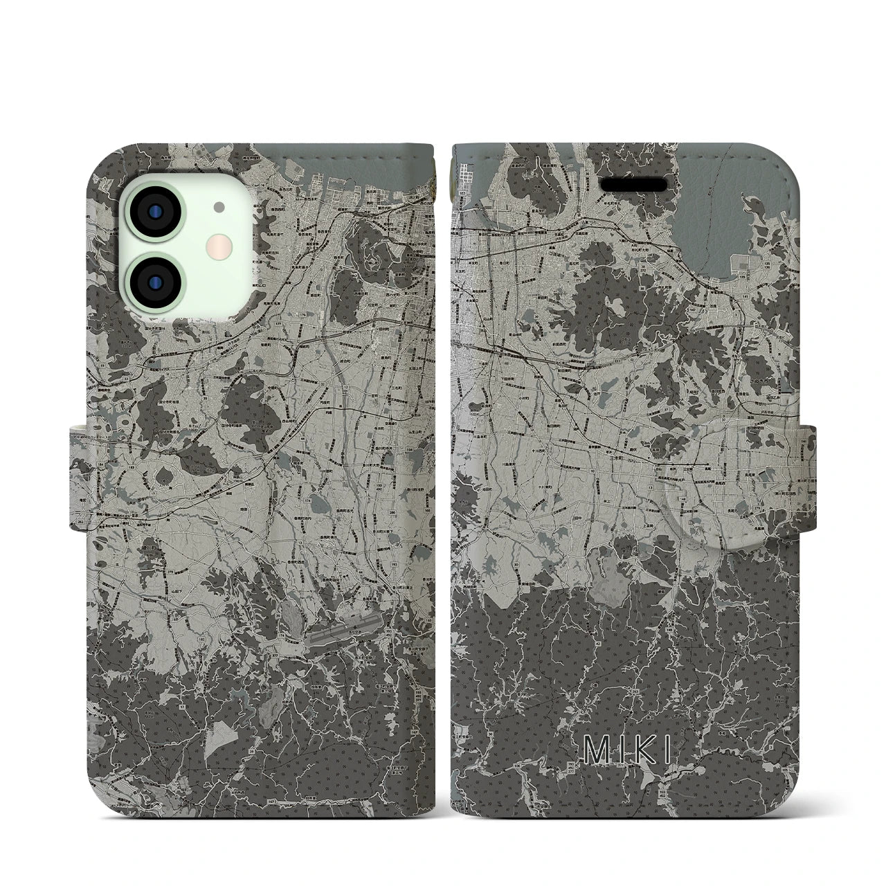 【三木(香川県)】地図柄iPhoneケース(手帳タイプ)モノトーン・iPhone 12 mini 用