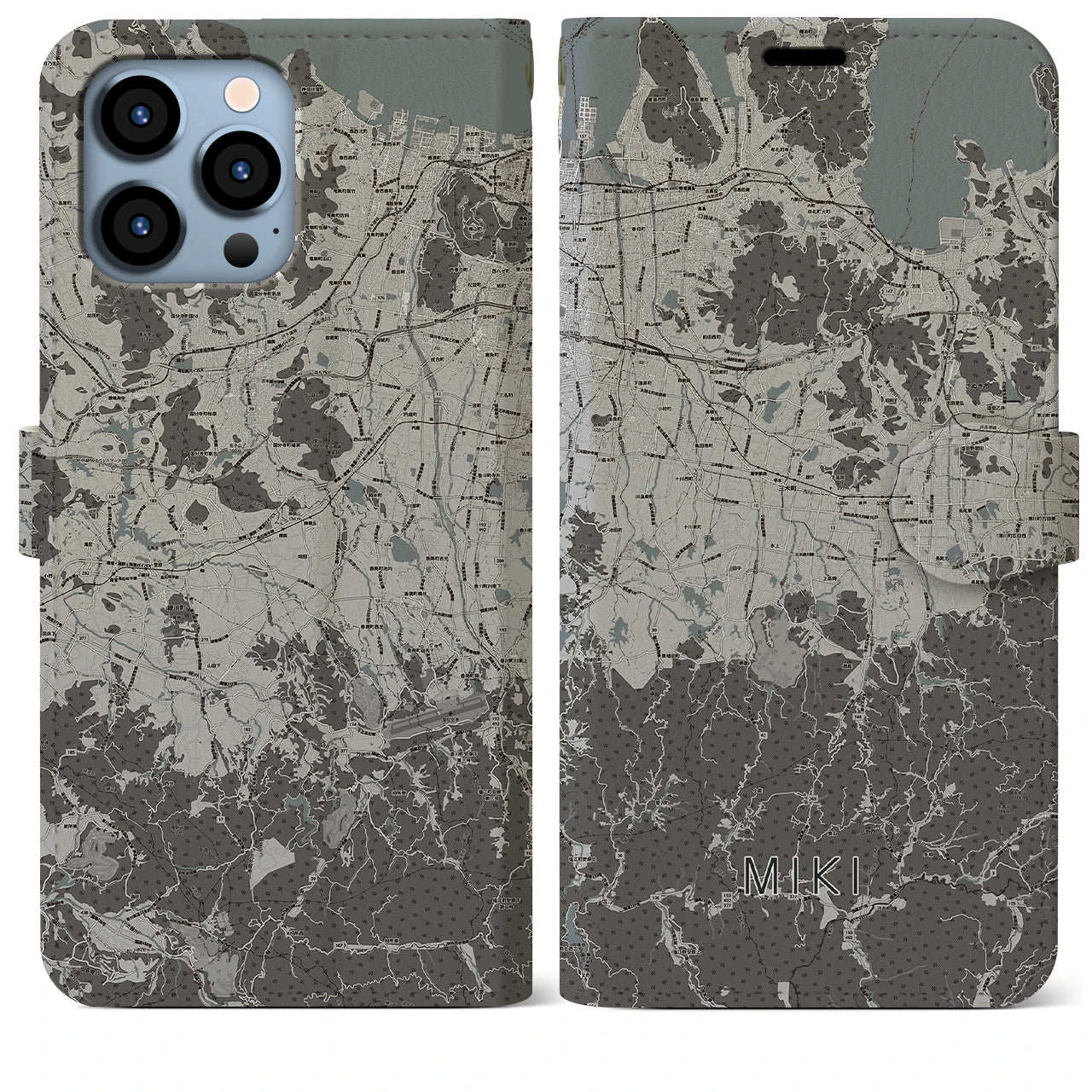 【三木(香川県)】地図柄iPhoneケース(手帳タイプ)モノトーン・iPhone 13 Pro Max 用