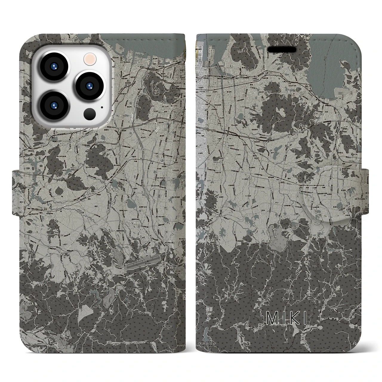 【三木(香川県)】地図柄iPhoneケース(手帳タイプ)モノトーン・iPhone 13 Pro 用