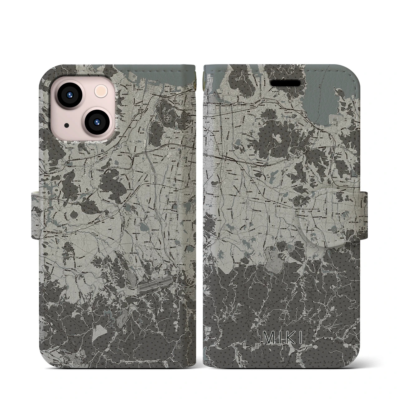 【三木(香川県)】地図柄iPhoneケース(手帳タイプ)モノトーン・iPhone 13 mini 用