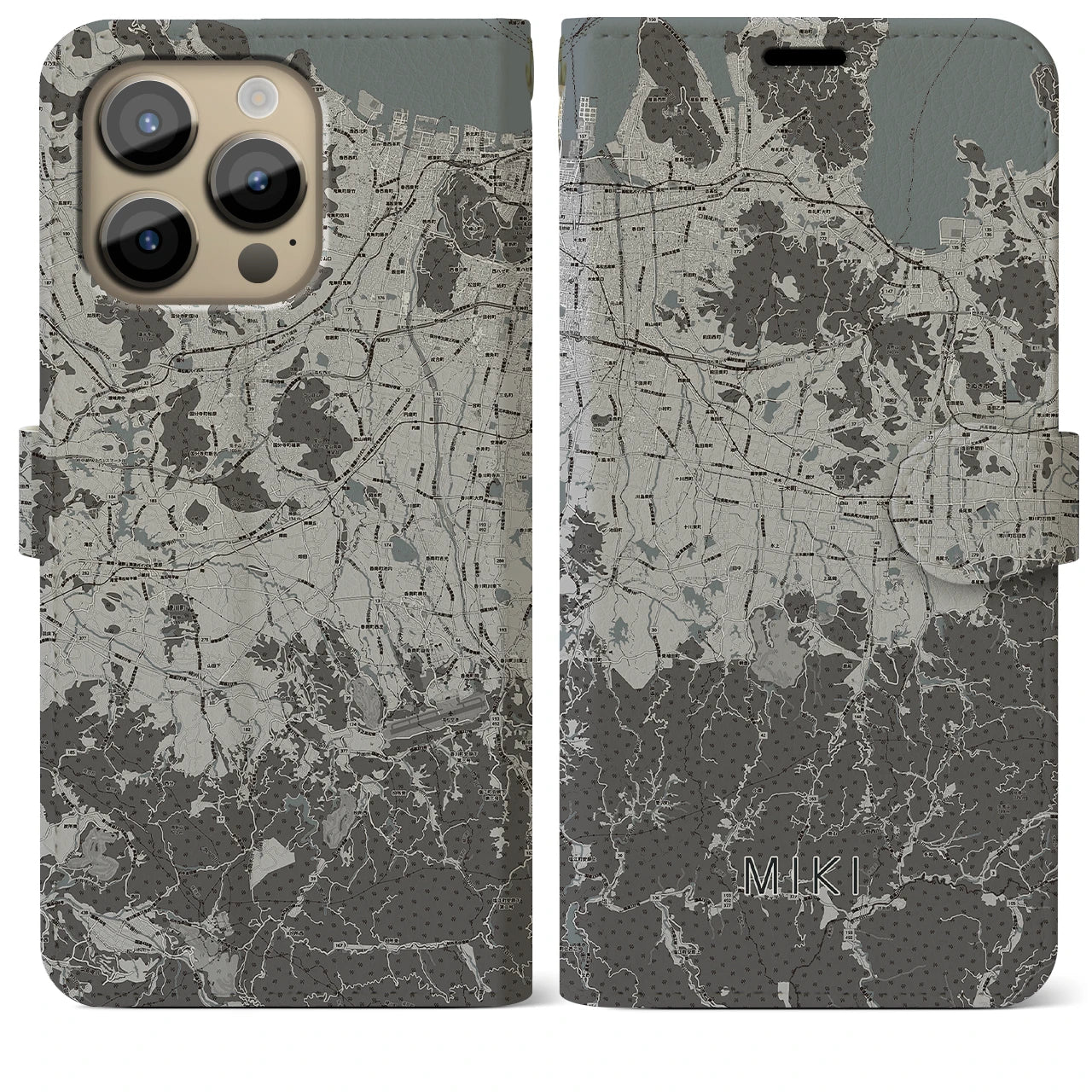 【三木(香川県)】地図柄iPhoneケース(手帳タイプ)モノトーン・iPhone 14 Pro Max 用
