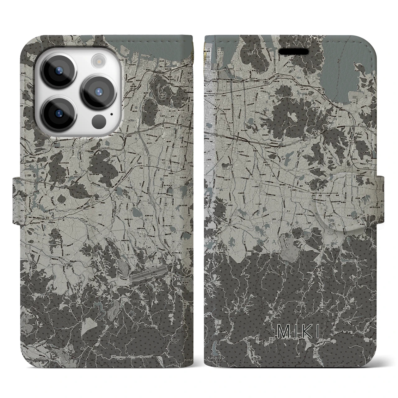 【三木(香川県)】地図柄iPhoneケース(手帳タイプ)モノトーン・iPhone 14 Pro 用