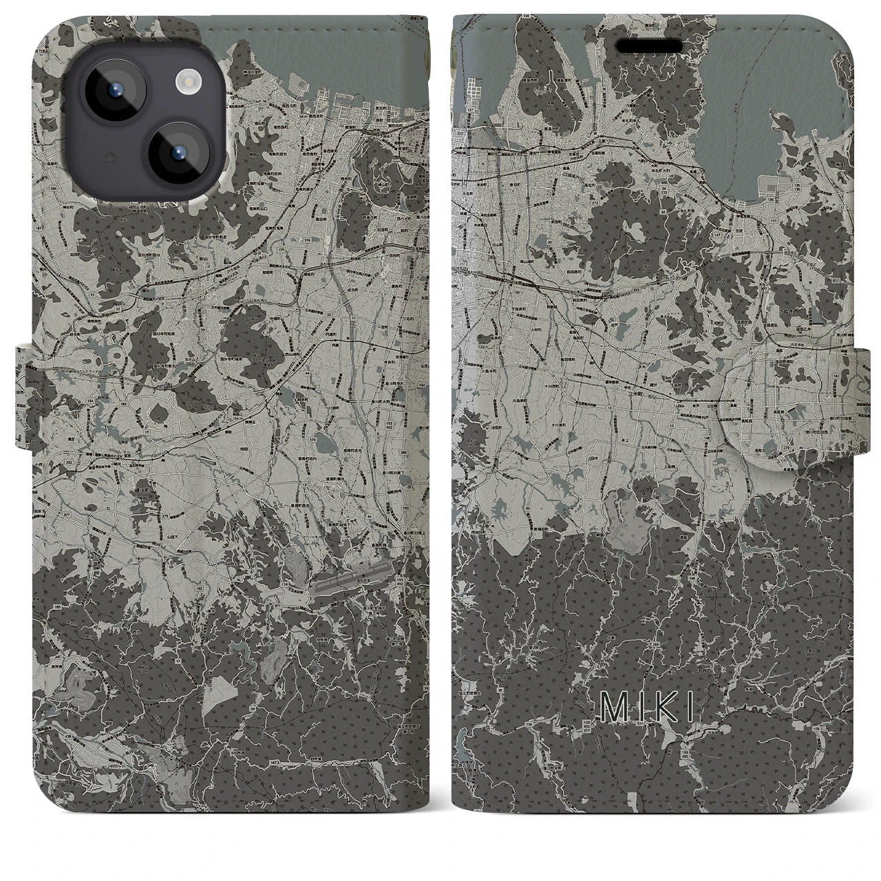 【三木(香川県)】地図柄iPhoneケース(手帳タイプ)モノトーン・iPhone 14 Plus 用