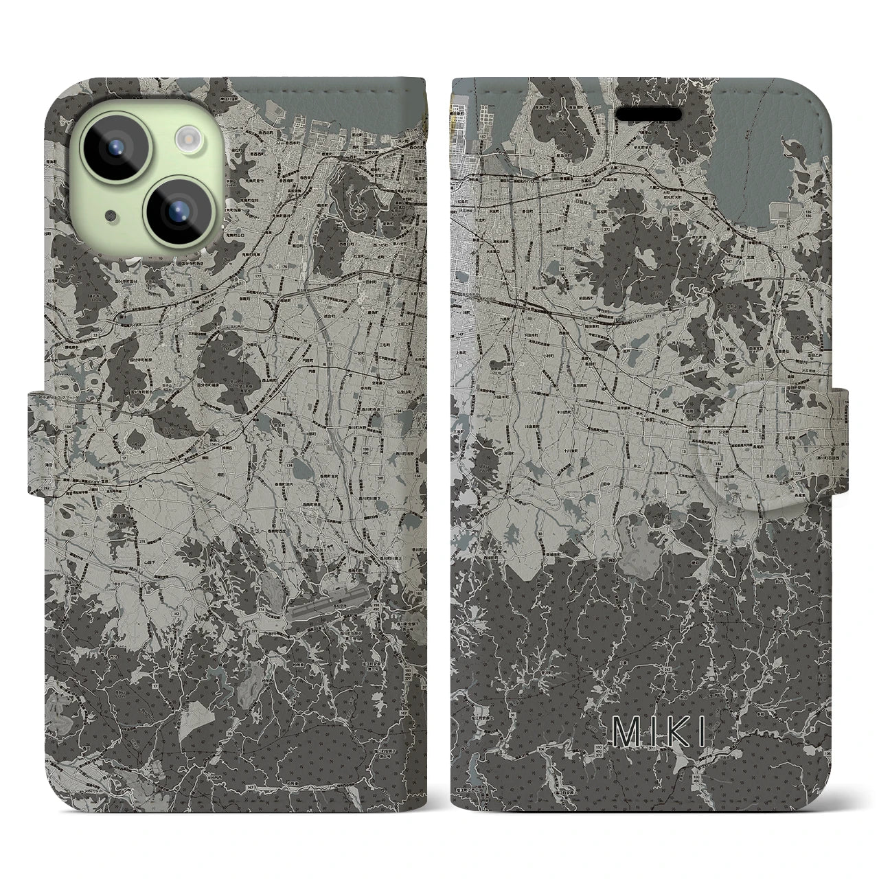 【三木(香川県)】地図柄iPhoneケース(手帳タイプ)モノトーン・iPhone 15 用