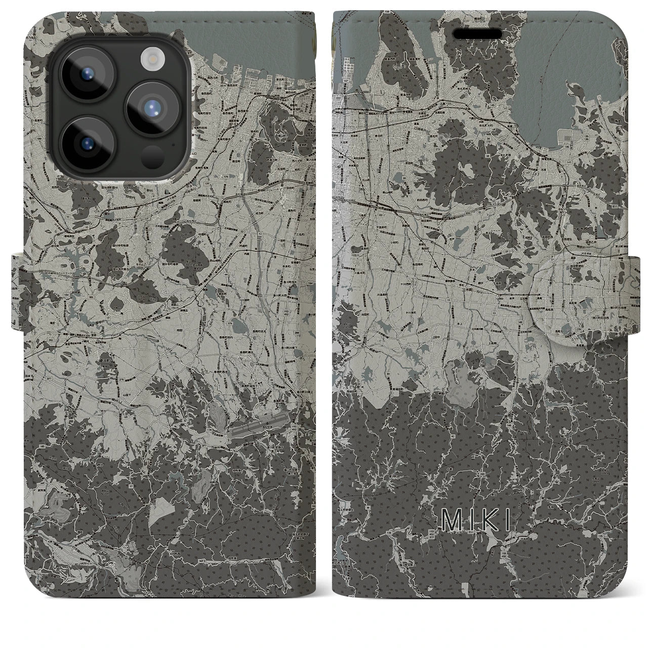 【三木(香川県)】地図柄iPhoneケース(手帳タイプ)モノトーン・iPhone 15 Pro Max 用