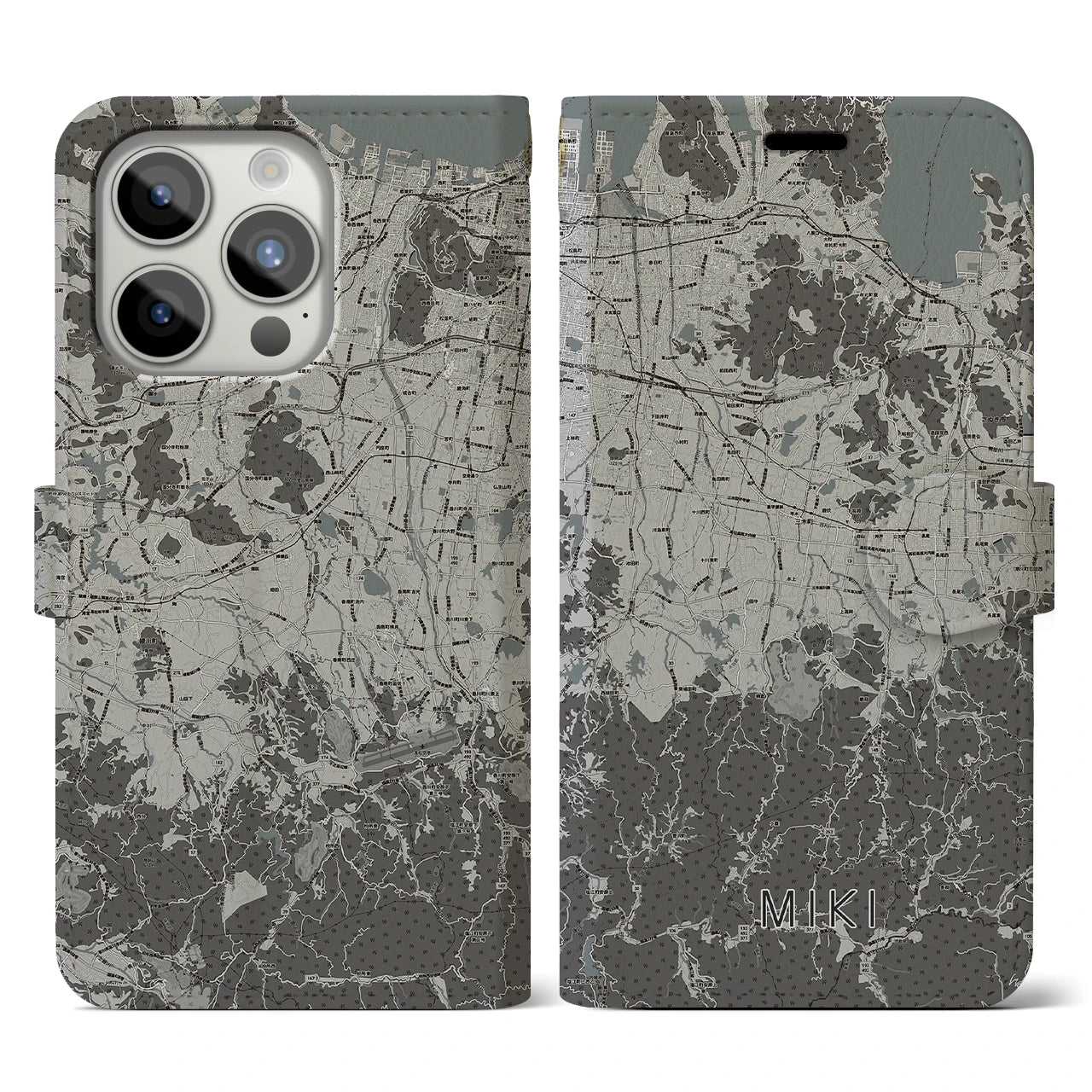 【三木(香川県)】地図柄iPhoneケース(手帳タイプ)モノトーン・iPhone 15 Pro 用