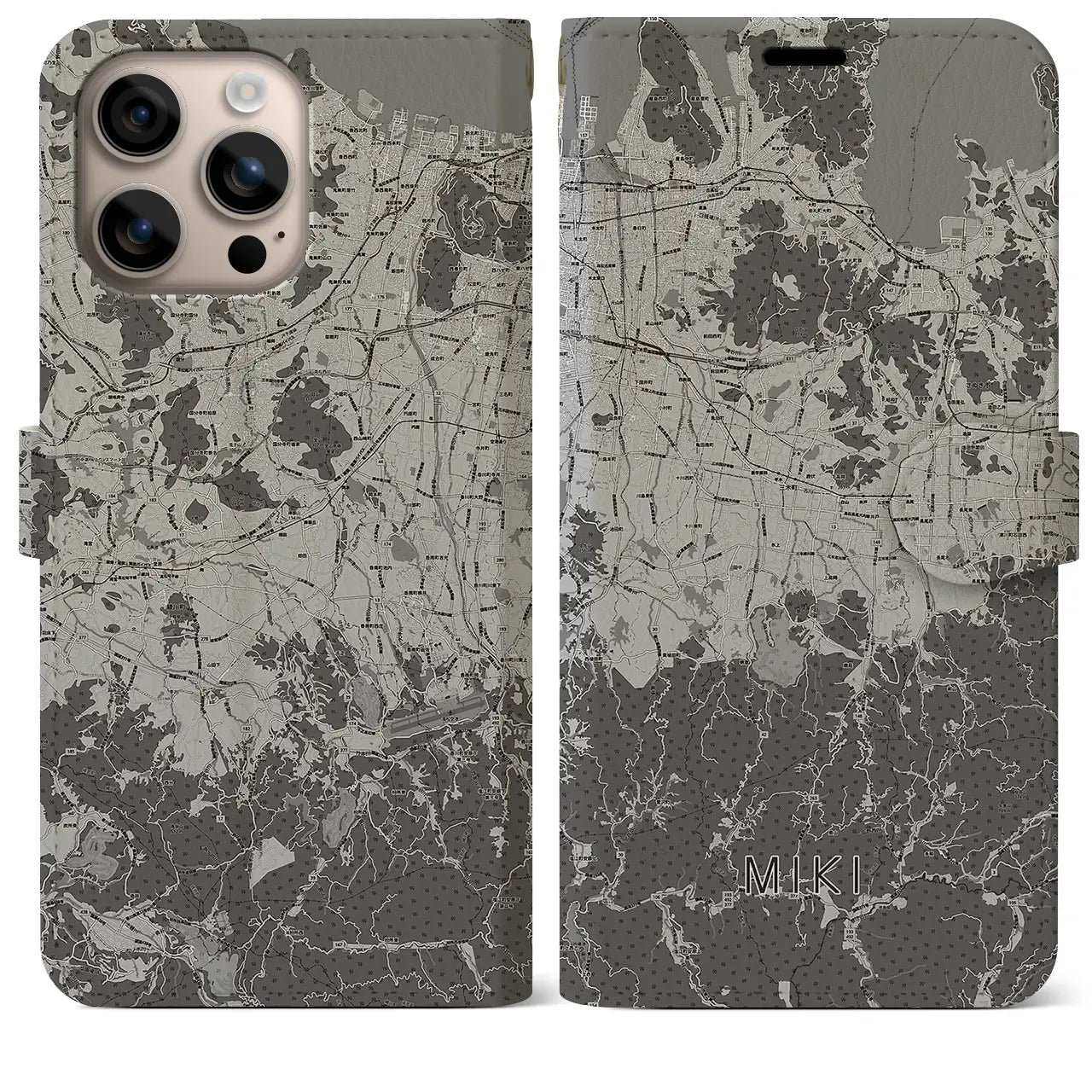 【三木(香川県)】地図柄iPhoneケース(手帳タイプ)モノトーン・iPhone 16 Plus 用