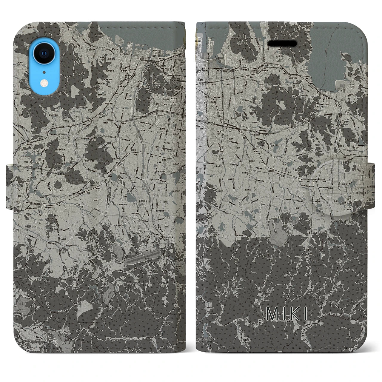 【三木(香川県)】地図柄iPhoneケース(手帳タイプ)モノトーン・iPhone XR 用