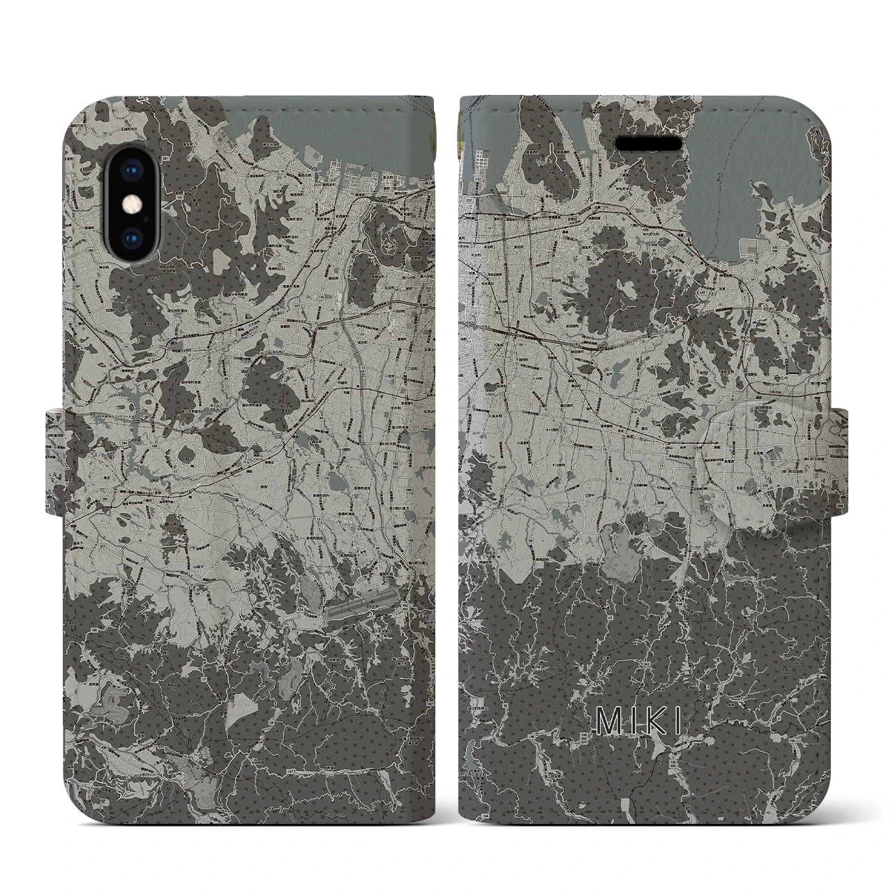 【三木(香川県)】地図柄iPhoneケース(手帳タイプ)モノトーン・iPhone XS / X 用