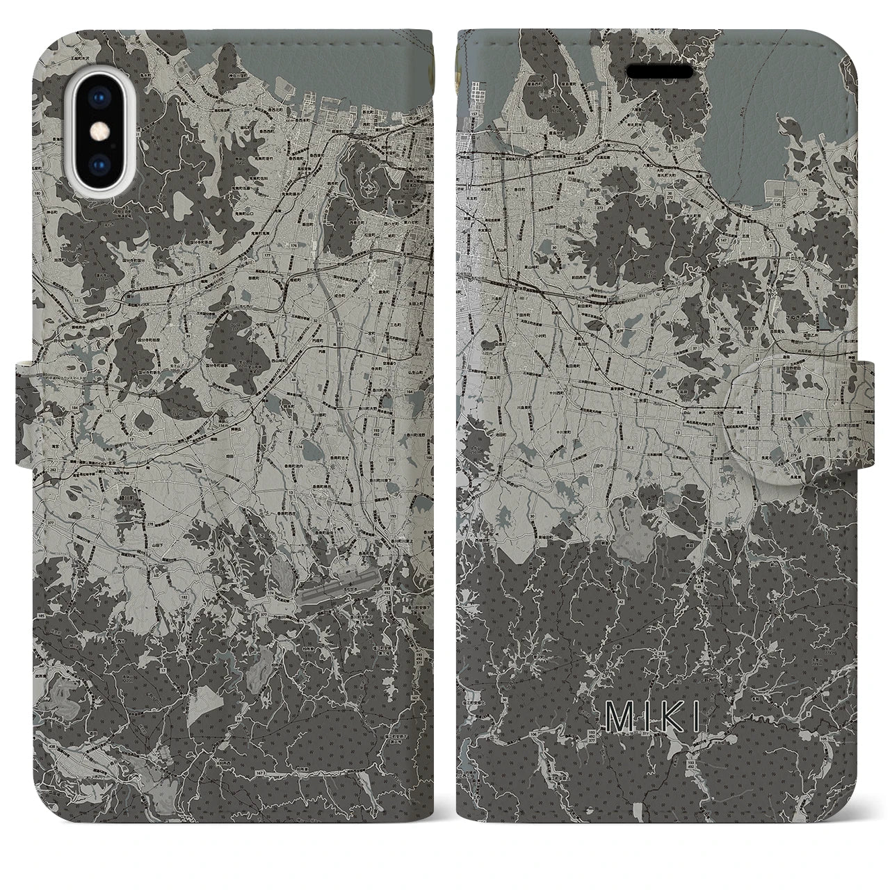 【三木(香川県)】地図柄iPhoneケース(手帳タイプ)モノトーン・iPhone XS Max 用
