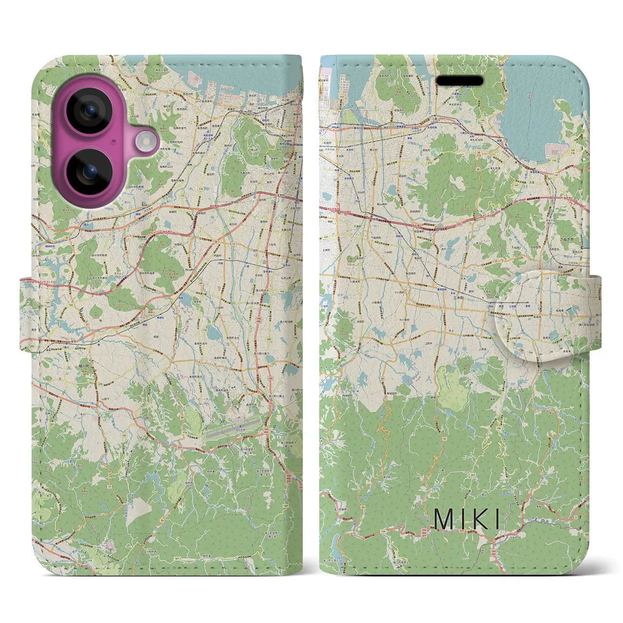 【三木(香川県)】地図柄iPhoneケース(手帳タイプ)ナチュラル・iPhone 16 Pro 用