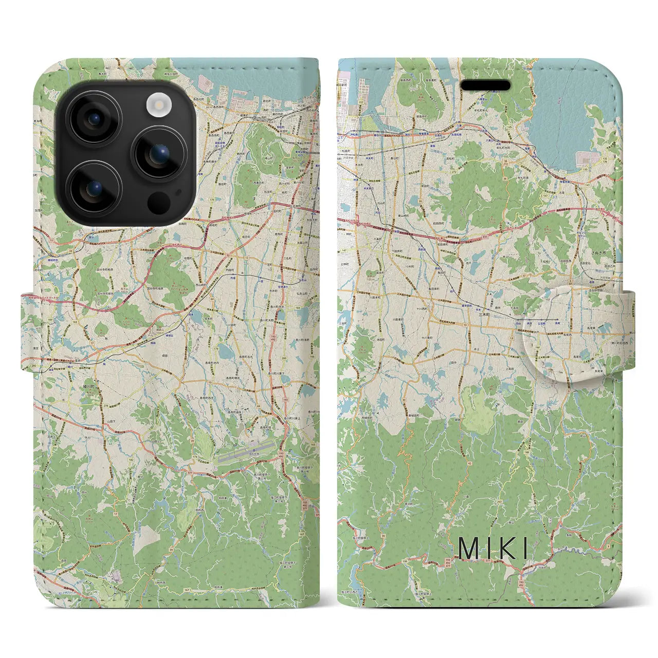 【三木(香川県)】地図柄iPhoneケース(手帳タイプ)ナチュラル・iPhone 16 用