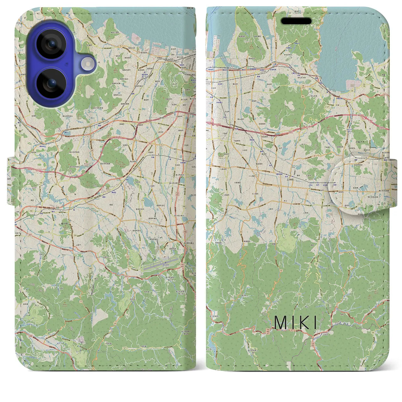【三木(香川県)】地図柄iPhoneケース(手帳タイプ)ナチュラル・iPhone 16 Pro Max 用