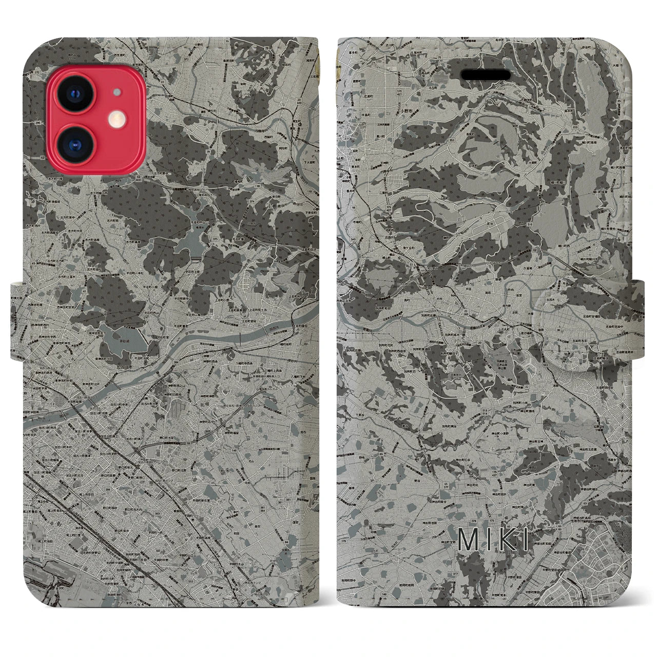 【三木(兵庫県)】地図柄iPhoneケース(手帳タイプ)モノトーン・iPhone 11 用