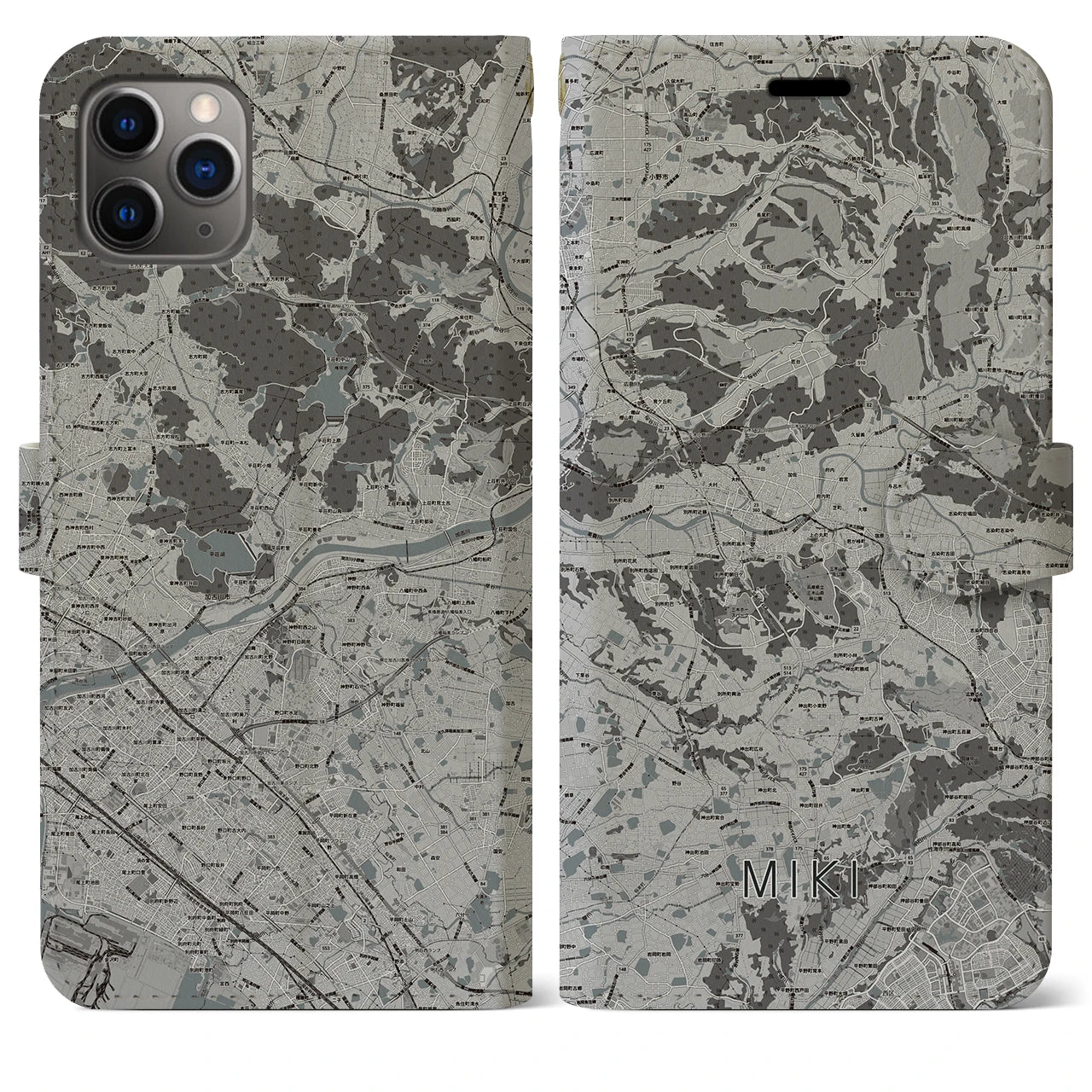 【三木(兵庫県)】地図柄iPhoneケース(手帳タイプ)モノトーン・iPhone 11 Pro Max 用