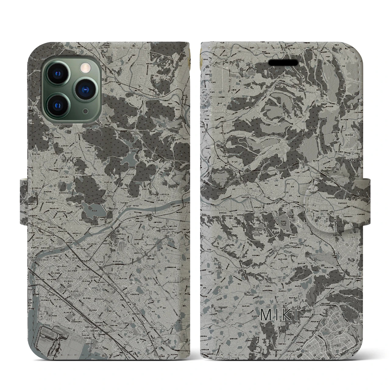 【三木(兵庫県)】地図柄iPhoneケース(手帳タイプ)モノトーン・iPhone 11 Pro 用
