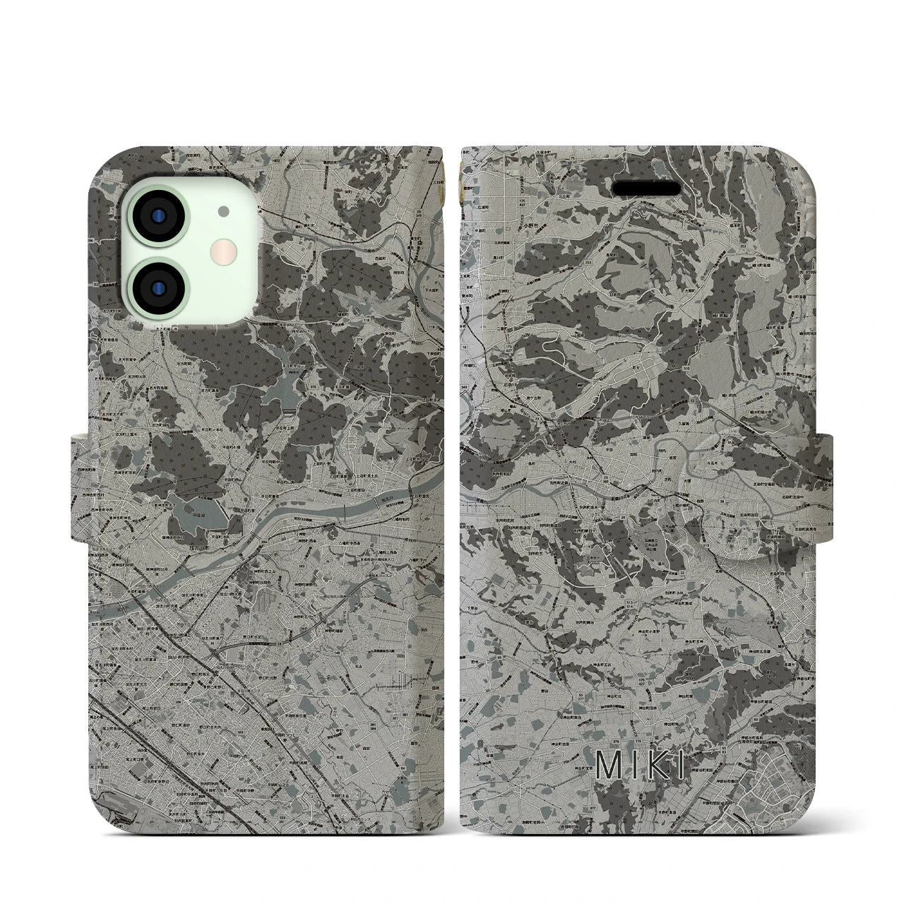 【三木(兵庫県)】地図柄iPhoneケース(手帳タイプ)モノトーン・iPhone 12 mini 用