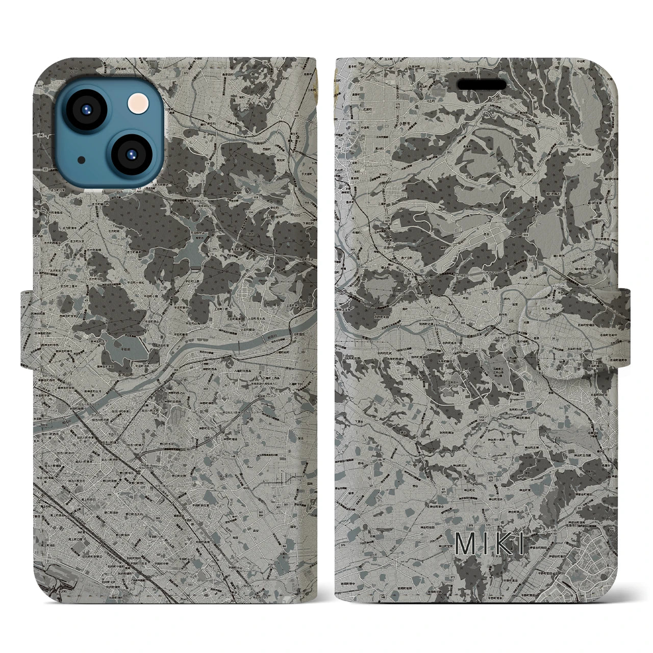 【三木(兵庫県)】地図柄iPhoneケース(手帳タイプ)モノトーン・iPhone 13 用