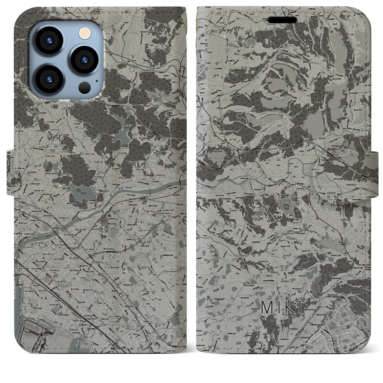 【三木(兵庫県)】地図柄iPhoneケース(手帳タイプ)モノトーン・iPhone 13 Pro Max 用